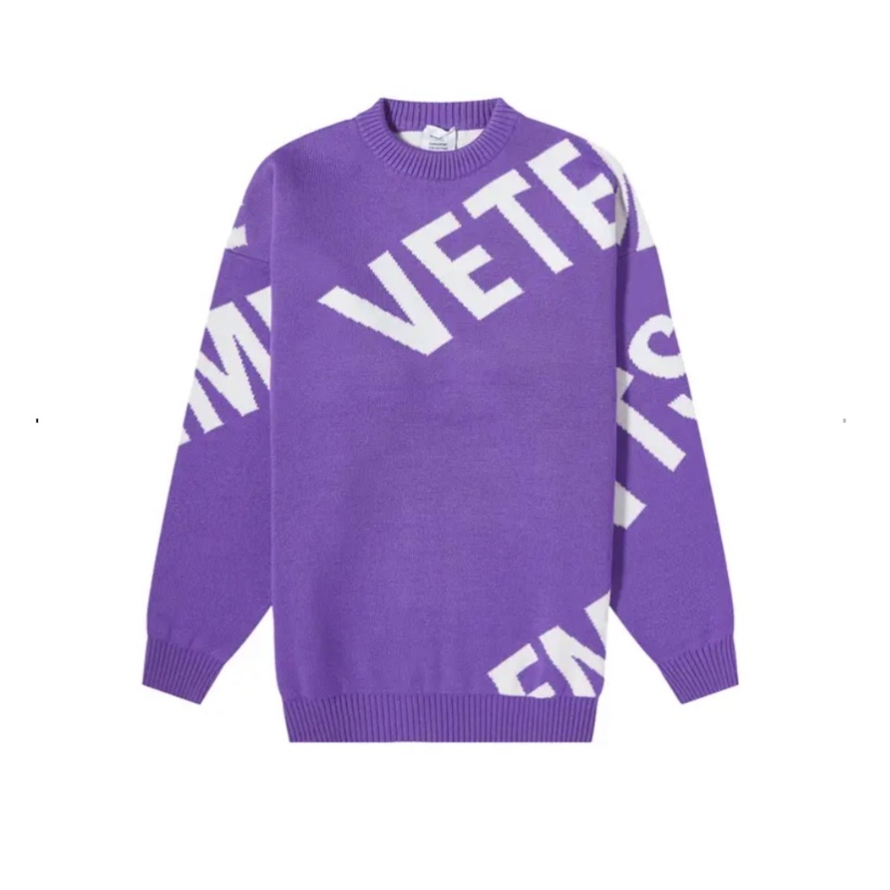 VETEMENTS Oversized Logo Knit Sweater — Ultraviolet / White (Unisex L)